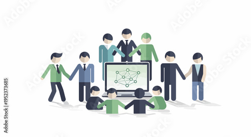 Group of diverse people around a laptop with network icon teamwork concept