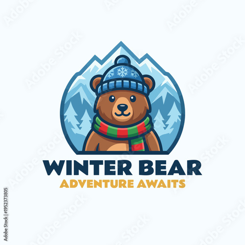 This adorable logo features a bear in winter attire, complete with a scarf and hat, set against a snowy mountain backdrop, ideal for outdoor adventure brands and winter themes.