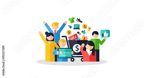 Happy people celebrating success with shopping cart and money icon