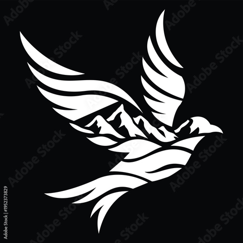 Black and White Phoenix Bird Logo with Mountain Wings, Minimal Monochrome Eagle Symbol Design