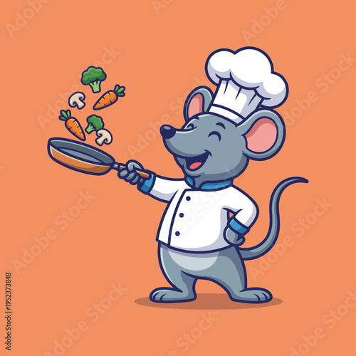 A joyful cartoon mouse dressed as a chef prepares to sauté colorful vegetables in a frying pan, showcasing a fun culinary theme perfect for food-related projects.