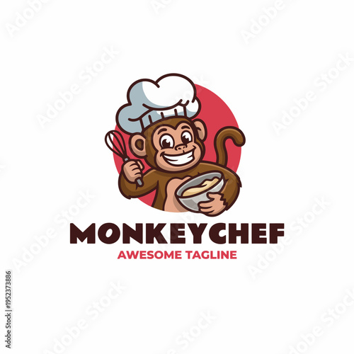 This playful monkey chef logo features a happy character whisking in a bowl, ideal for food-related brands looking for a fun and engaging identity.