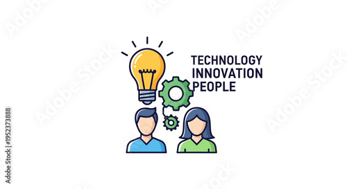 Innovation concept illustration featuring light bulb gear and people icons