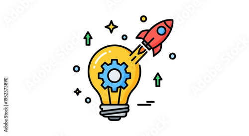 Innovative concept depicted with a rocket launching from a lightbulb