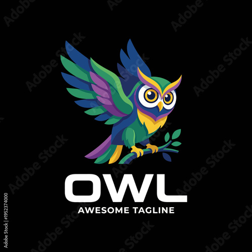 This vibrant logo of a colorful owl standing on a branch brilliantly combines wisdom and playfulness, making it suitable for educational or youth-oriented brands seeking a strong identity.