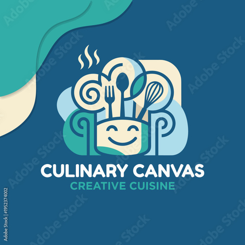 A vibrant logo design featuring a happy chef's hat with utensils, representing creativity in culinary arts and appealing to a wide audience of food lovers.