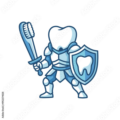 This playful Tooth Hero logo showcases an armored tooth holding a toothbrush and shield, instilling confidence in children about dental health through a fun and engaging visual.