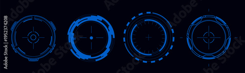 Futuristic hud circles with glowing digital frame, neon target interface, abstract vector illustrations isolated on background. High tech game screen elements for sci-fi design projects