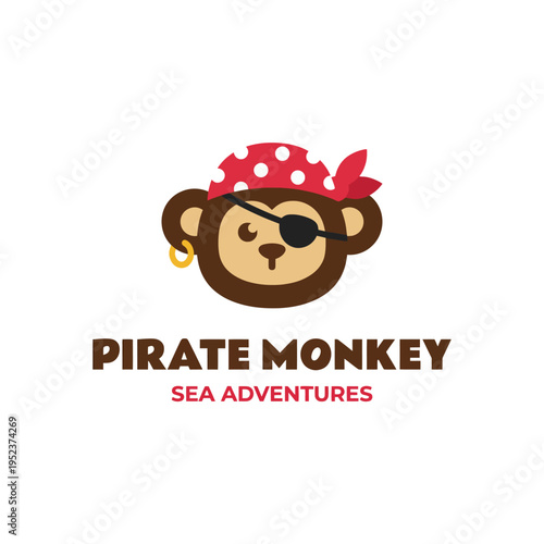 A playful logo of a pirate monkey wearing a bandana and eyepatch, perfect for children’s adventure-themed products, parties, or brands that embody fun and excitement.