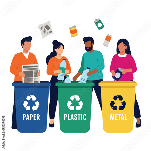 People recycling paper plastic metal 4.