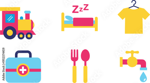 Colorful everyday objects icons set vector illustration, toy train bed shirt medical kit cutlery water tap household items collection
