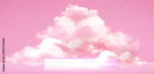 Dreamy pink cloud podium, realistic vector pastel background. 3D platform stage for beauty product display with soft mist or smoke, paradise elegant studio for presentation, cosmetic showcase.