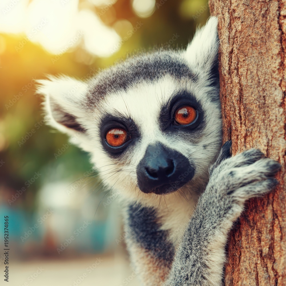Fototapeta premium Curious lemur clinging to tree trunk with sunlight in background