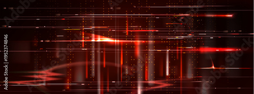 Glitch effect with red pixel distortion and code, digital abstract vector background. Cyber punk screen interference with hack attack pattern and grain noise scratch texture, error display