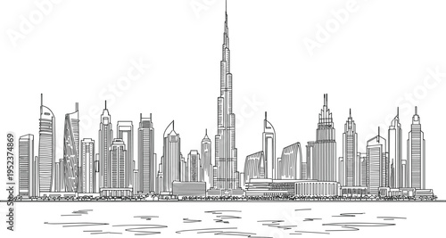 Dubai city skyline panorama with Burj Khalifa and modern skyscrapers water reflection in clean black line art vector.