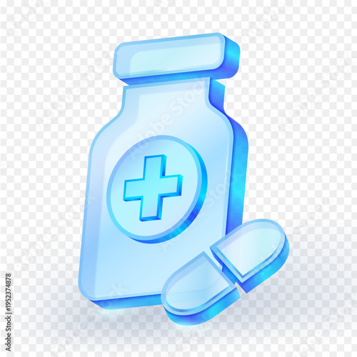 3D blue glass icon of a medicine bottle with pills, symbolizing healthcare, pharmacy, medication, and medical treatment. Isolated on transparent background. vector illustration.
