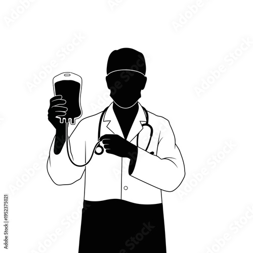 Doctor holding blood bag sample.