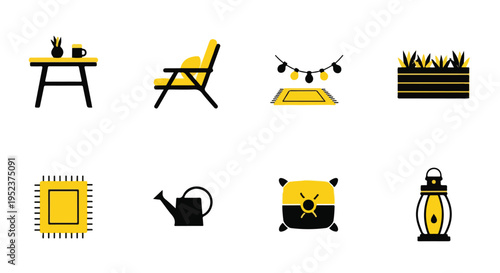 Yellow and black icons, furniture and tools, vector graphics set