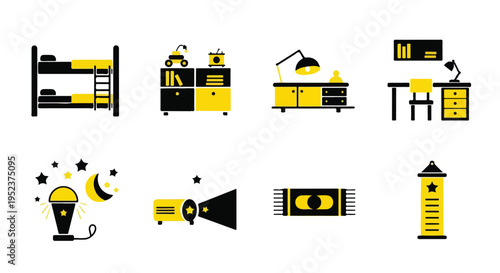 Set of 8 yellow and black furniture icons vector