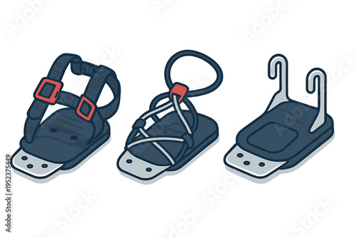 Various designs of splitboard touring mode sandals and minimalist bindings for winter sports