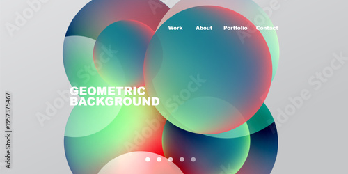 Abstract colorful shapes overlap, creating dynamic background. Text labels present work, about, portfolio, contact options. Gradient hues dominate design.