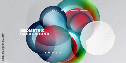 Abstract geometric shapes overlap, creating vibrant color gradients. Text labels indicate website sections work, about, portfolio, contact.