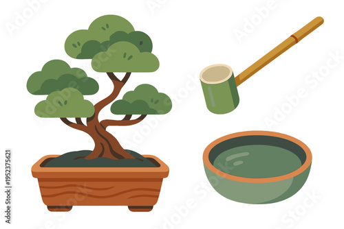 Traditional Japanese bonsai tree with water ladle and purification bowl set