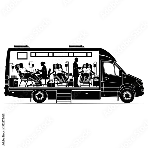 Mobile dental clinic interior with patients.