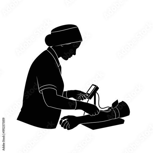 Nurse taking blood pressure reading.
