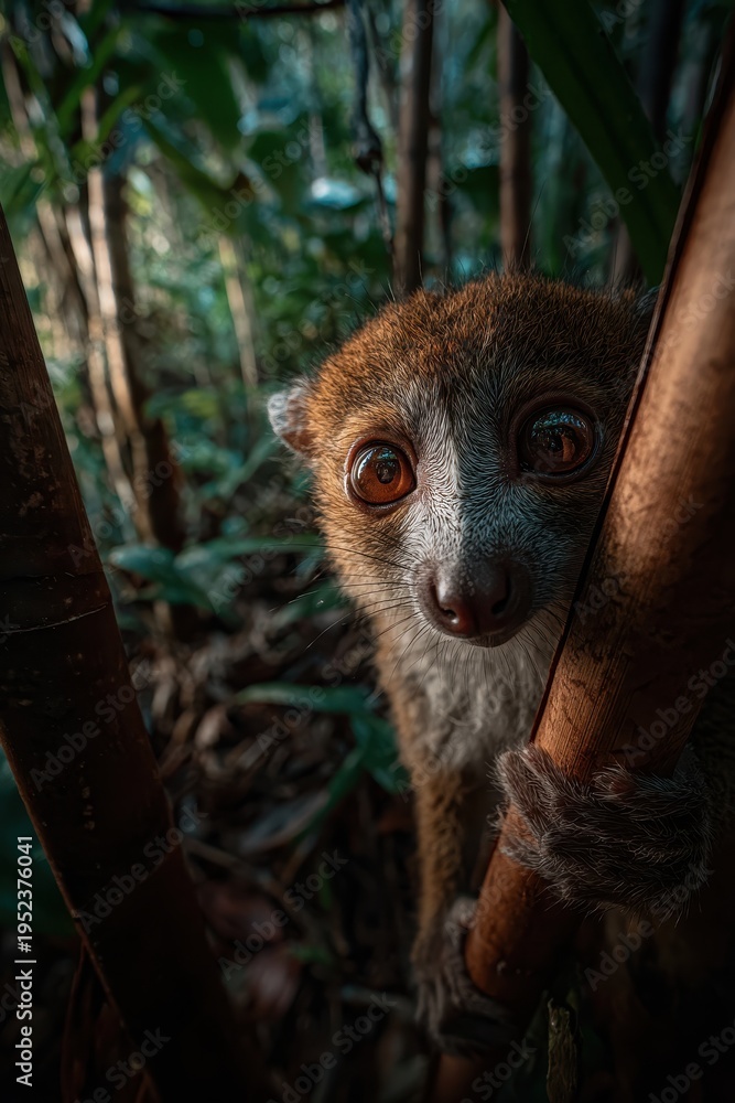 Fototapeta premium Curious lemur observing from dense rainforest foliage