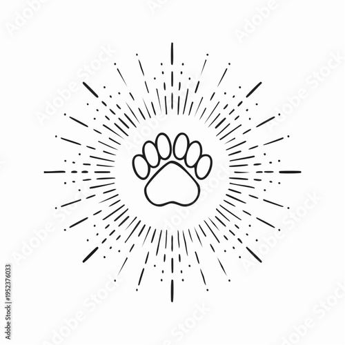 Paw print sunburst icon symbolizing love for animals and nature, a radiating happy pet symbol
