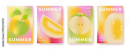 Summer gradient backgrounds with abstract blurred fruit shapes, set of vector cards. Fresh colorful defocused illustration with apple and melon slices elements. Modern minimal banner design