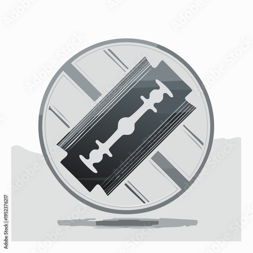 Stylized grayscale illustration of a classic double-edged razor blade icon, symbolizing precision and grooming for men