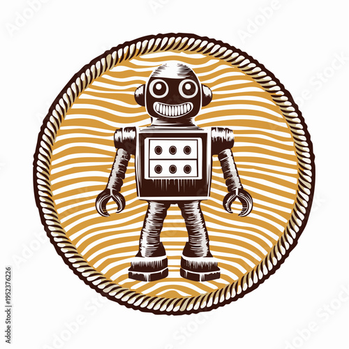 Retro robot illustration with a stylized, circular, and striped background