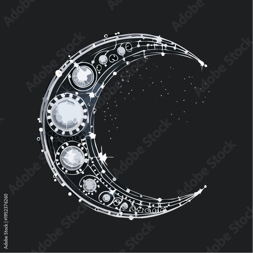 Whimsical Crescent Moon Art with Intricate Details and Celestial Accents