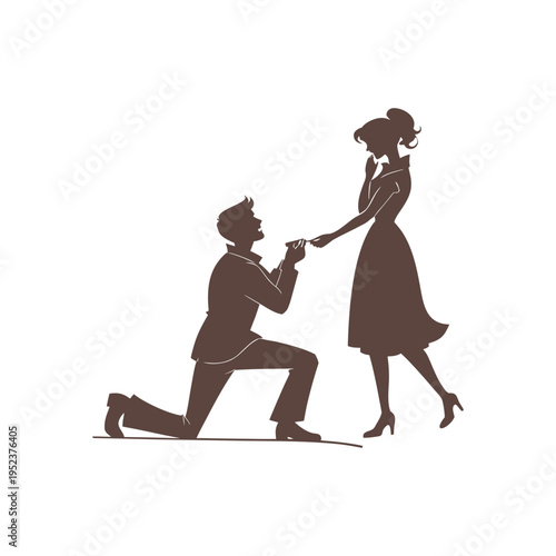 A romantic silhouette illustration of a man proposing to a woman on one knee in a classic style