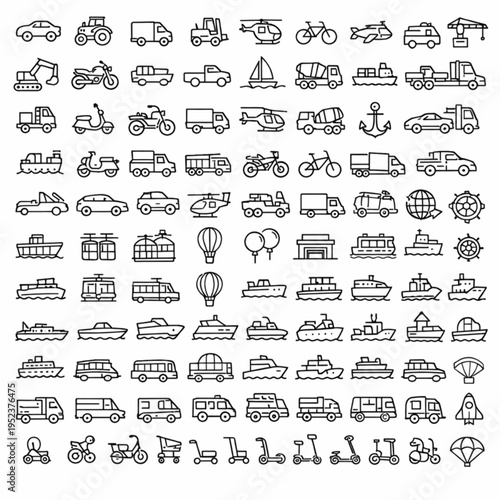 
100 Transportation and Vehicles Thin Line Icons Set — Road, Air, Water, Rail, Logistics, Travel, Urban Mobility Vector Collection.
