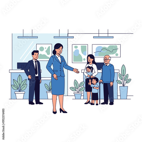 Professional woman welcoming a family in a business setting.