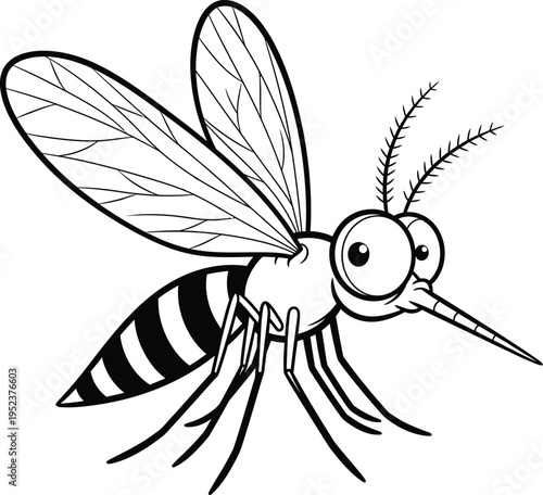 A cartoon mosquito with distinctive black and white stripes