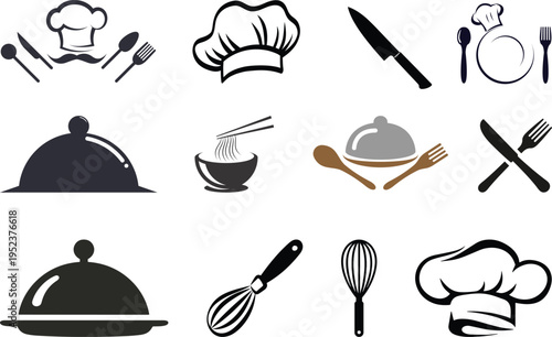 Chef hat silhouette icons set, professional cooking symbols, kitchen uniform vector designs, culinary logo concepts, food industry illustrations, chef hats for branding, menus, advertisements
