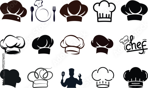 Chef hat silhouette icons set, professional cooking symbols, kitchen uniform vector designs, culinary logo concepts, food industry illustrations, chef hats for branding, menus, advertisements