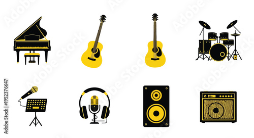 Set of 8 music icons vector, black and yellow