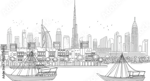 Dubai city skyline with traditional dhow boats old creek buildings and modern Burj Khalifa skyscraper linear vector illustration.