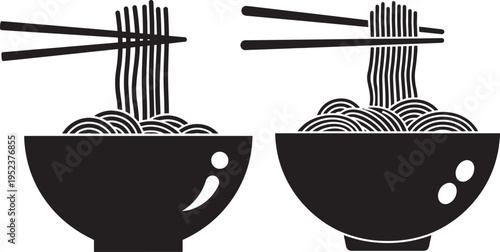 Silhouette bowl of noodles with chopsticks isolated on white