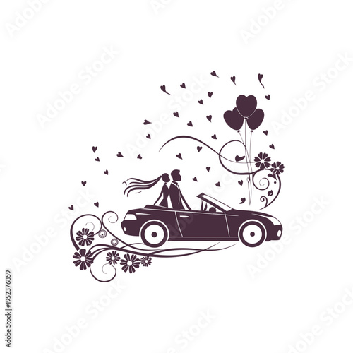A romantic silhouette illustration of a newlywed couple driving away in a convertible car together