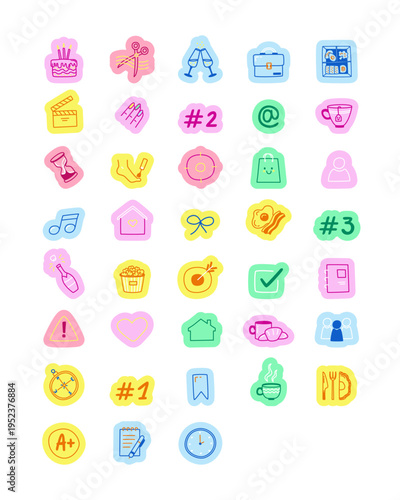 Everyday activities and lifestyle hand drawn line sticker pack. Daily work and leisure. Digital planning clip arts in doodle style. Colorful planner icons labels. Bullet journal die cut elements kit
