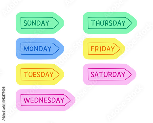 Days of week hand drawn line sticker pack. Weekly schedule. Daily agenda. Weekend weekday. Digital planning clip arts in doodle style. Colorful planner icons labels. Bullet journal die cut element kit