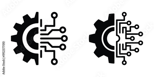 Icons illustrating technological integration and digital systems with a gear and electronic circuit board.