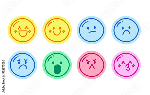 Cute emotions emojis hand drawn line sticker pack. Kawaii mood. Reactions expressions. Digital planning clip arts in doodle style. Colorful planner icons labels. Bullet journal die cut elements kit