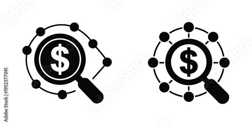 Magnifying glass icons with dollar signs and connected dots, symbolizing financial analysis, investment research, and data exploration.